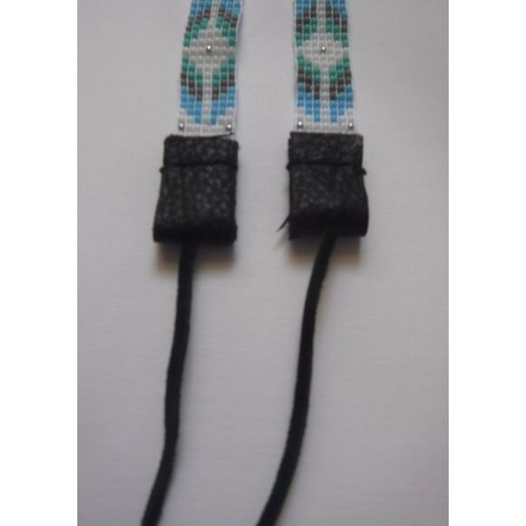 Beaded Hat Band White, Teals, Gray & Silver w/ Leather - Picture 5 of 5